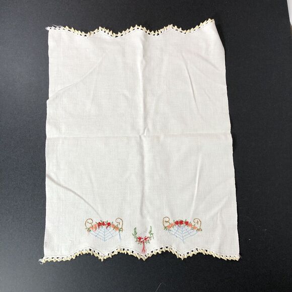 Vintage Tea Towel Embroidered Flowers in Basket Red Orange Retro Shabby Chic - Picture 6 of 8